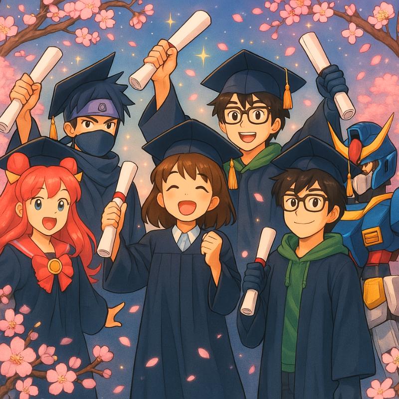 Anime graduation celebration featuring diverse characters in fantasy, magical girl, ninja, gamer, and mecha styles holding diplomas and surrounded by cherry blossoms, stars, and glowing sparkles to honor achievement and joy.