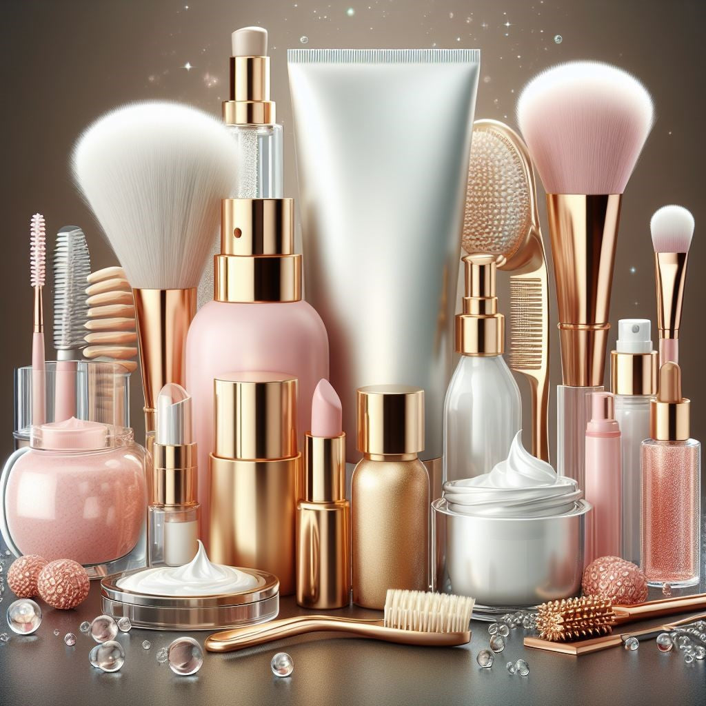 a collection of cosmetics and makeup products on a table