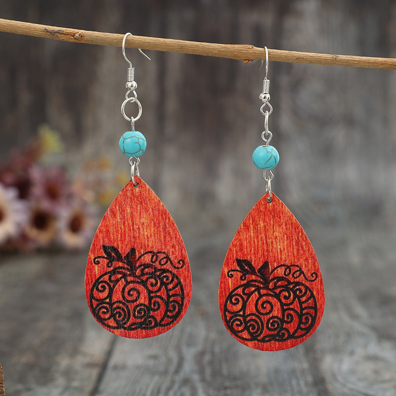 Turquoise Wooden Teardrop Earrings Set: 3.3" Length, Alloy & Wood, Imported