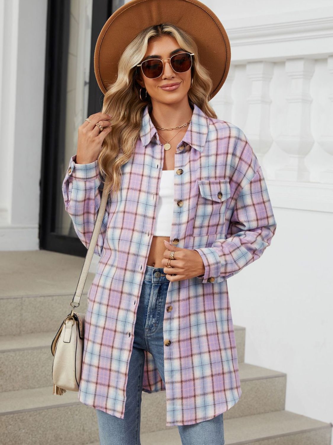 Plaid Long Sleeve Collared Shirt with Pockets - 100% Rayon