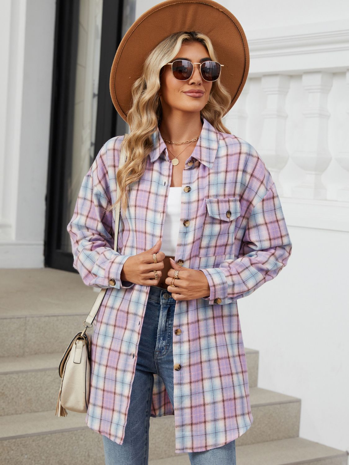 Plaid Long Sleeve Collared Shirt with Pockets - 100% Rayon