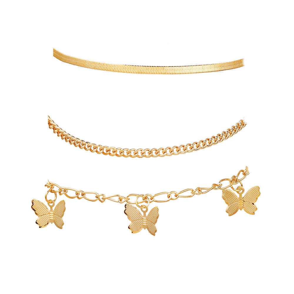 Layered Butterfly Chain Anklet Set with Gold Electroplating - Women's Jewelry