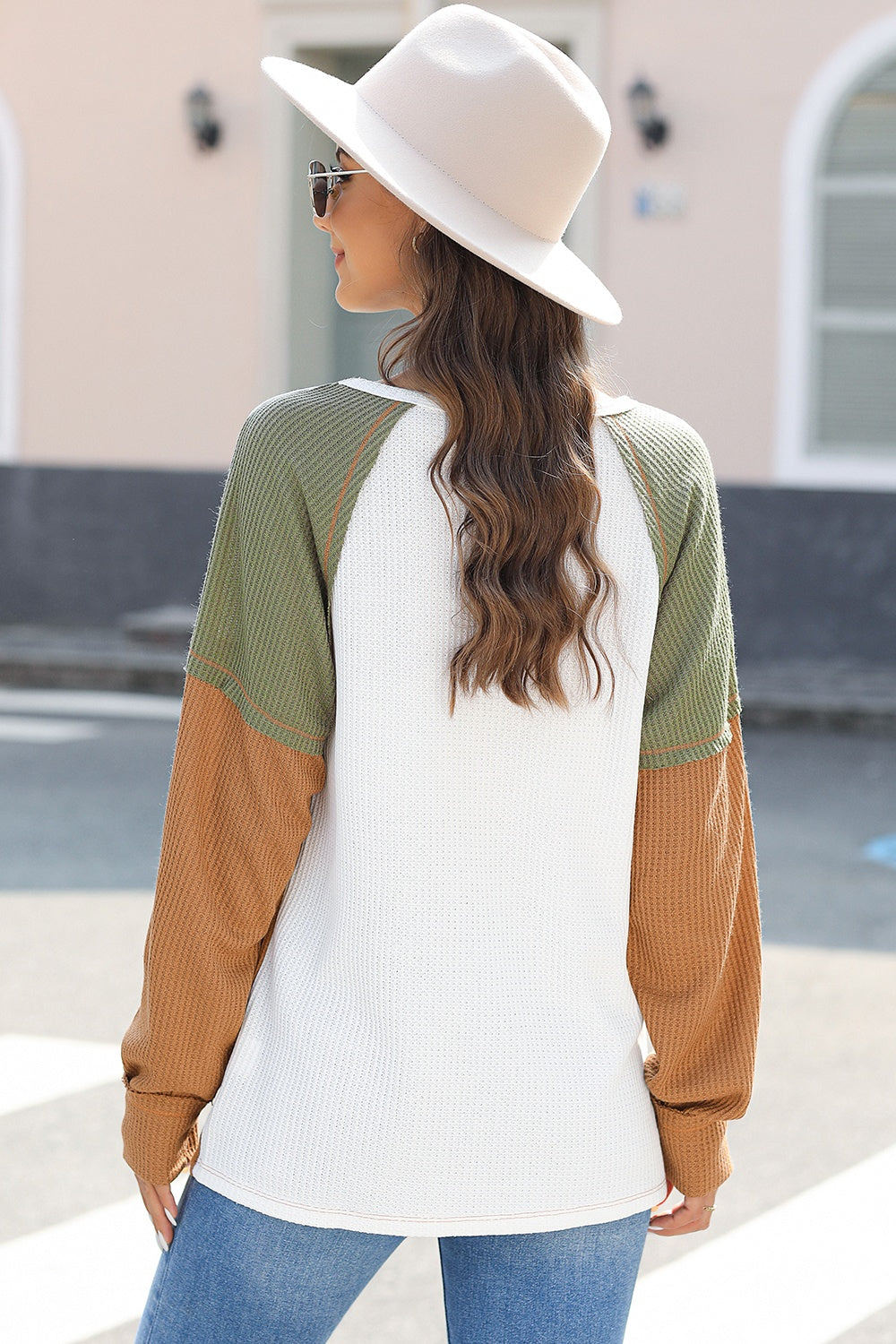 Color Block Waffle-Knit Long Sleeve Top with Sheer Sleeves