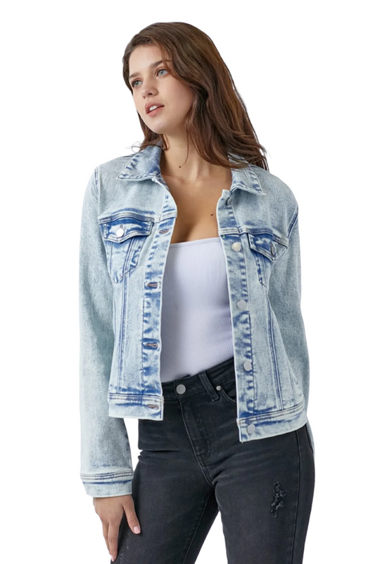 RISEN Classic Button-Up Washed Denim Jacket with Chest Pockets -  XS-3XL