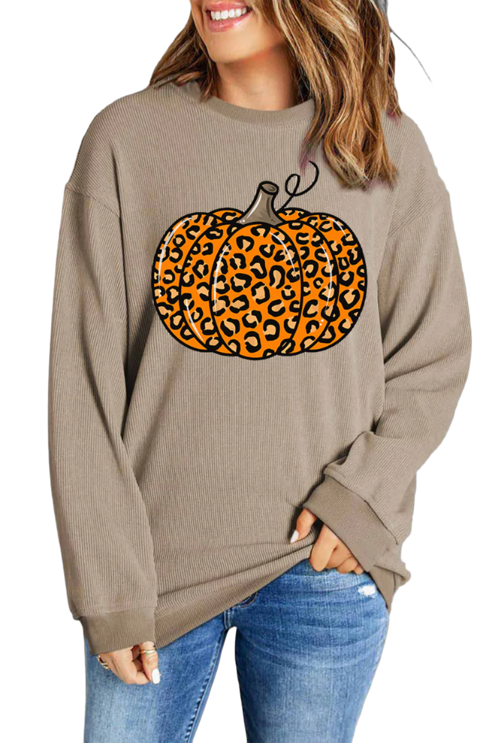 Pumpkin Cozy Round Neck Long Sleeve Sweatshirt in Polyester Blend