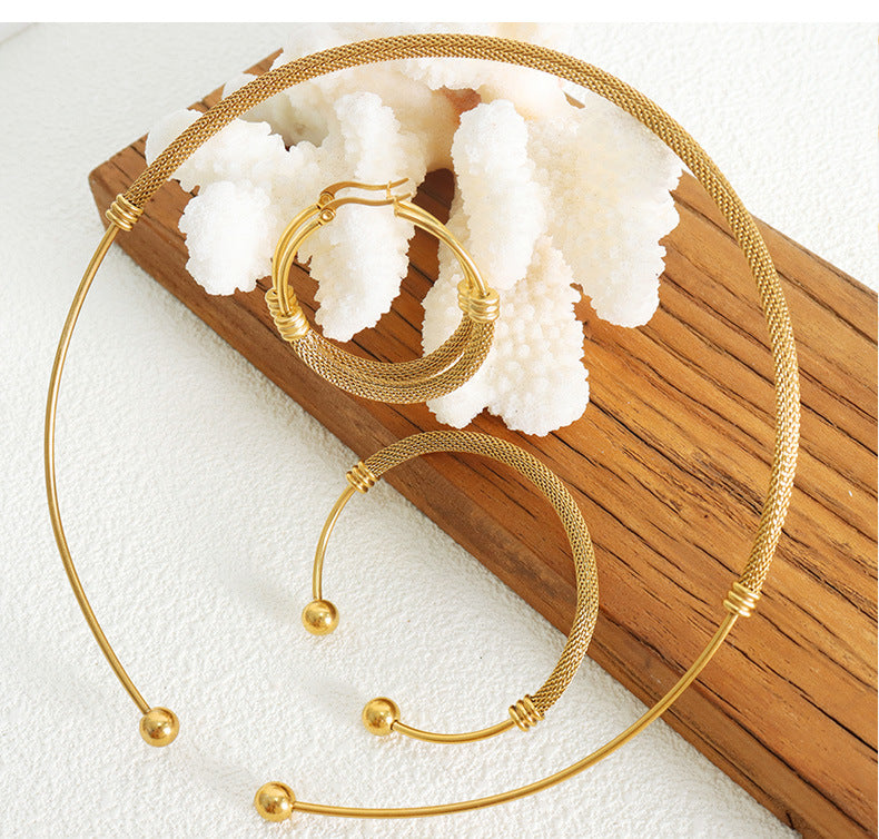 18K Gold Circle Weave Jewelry Set 3 Pieces Light Luxury Earrings Bracelet Necklace Set