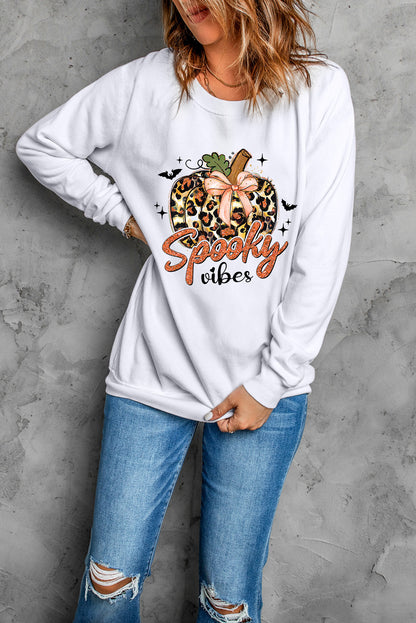 Graphic Round Neck Long Sleeve Sweatshirt with Wide Ribbed Cuffs