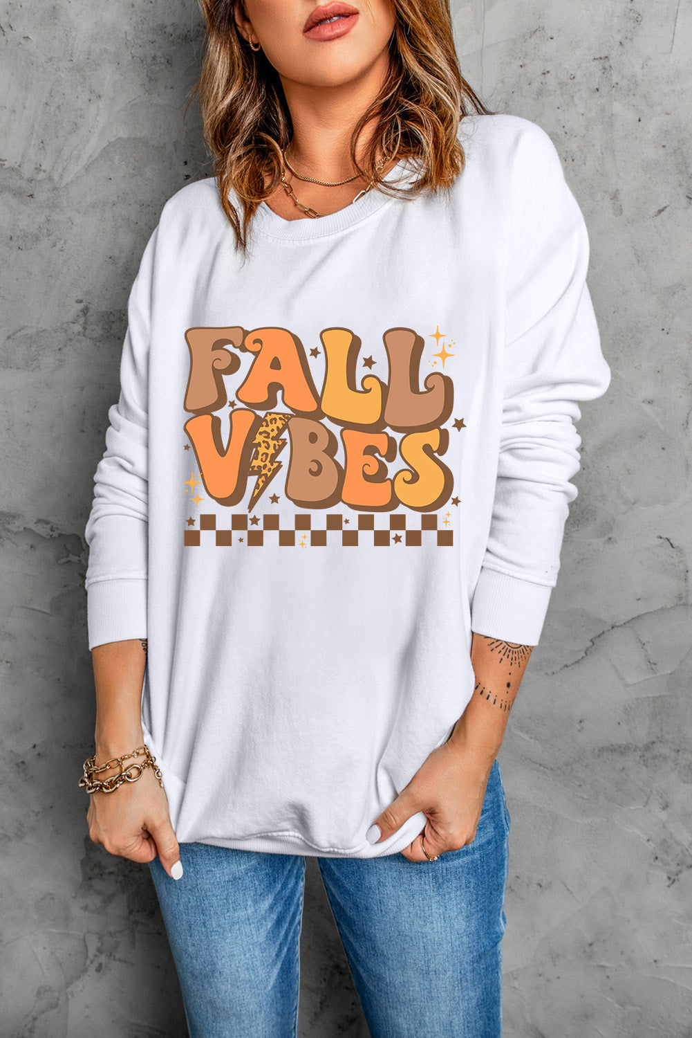 Letter Graphic Round Neck Long Sleeve Sweatshirt with Ribbed Cuffs & Hem