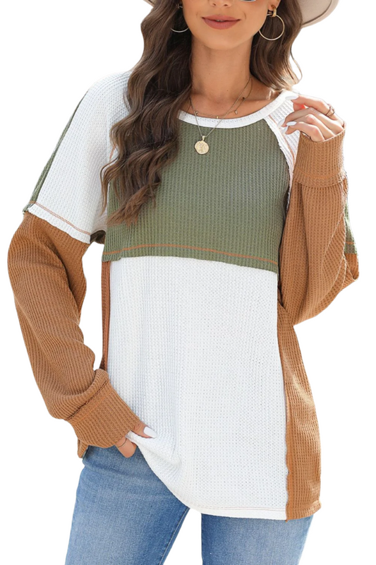 Color Block Waffle-Knit Long Sleeve Top with Sheer Sleeves