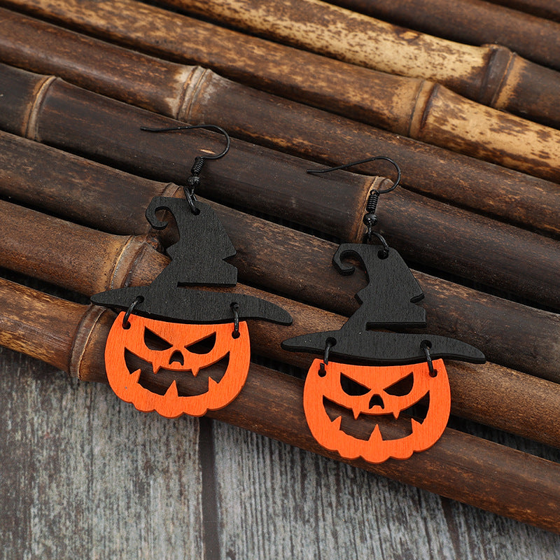 Wooden Pumpkin Shape Earrings - Lightweight 2.8" Dangle Earrings