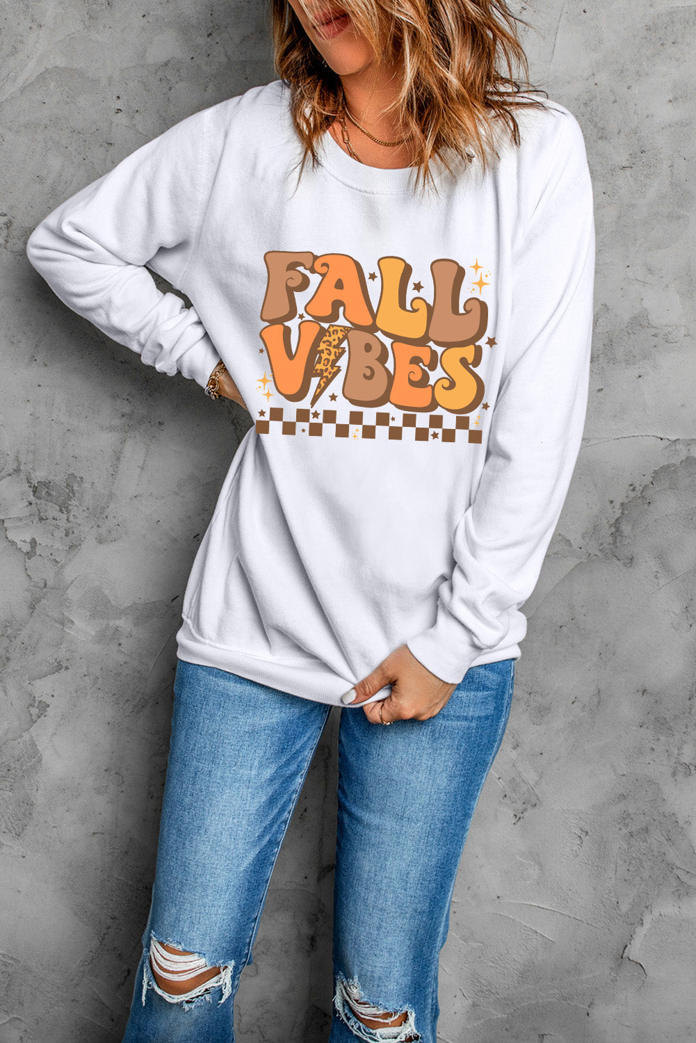 Letter Graphic Round Neck Long Sleeve Sweatshirt with Ribbed Cuffs & Hem