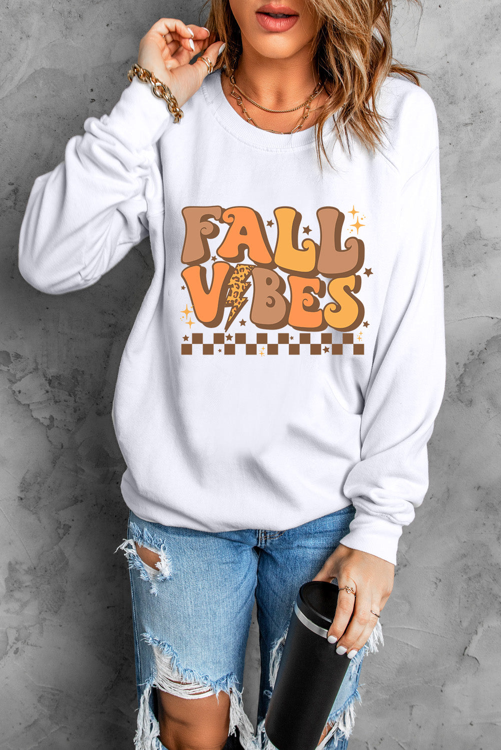 Letter Graphic Round Neck Long Sleeve Sweatshirt with Ribbed Cuffs & Hem