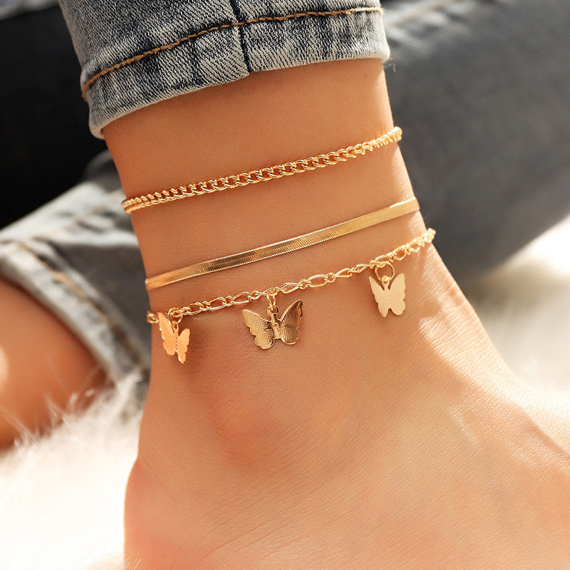 Layered Butterfly Chain Anklet Set with Gold Electroplating - Women's Jewelry