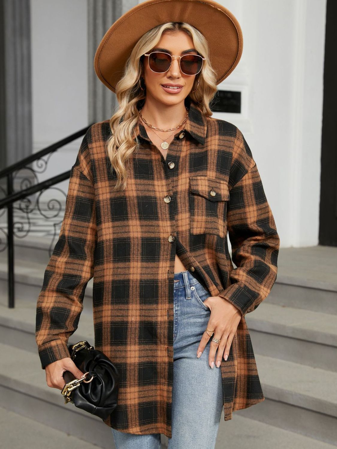 Plaid Long Sleeve Collared Shirt with Pockets - 100% Rayon