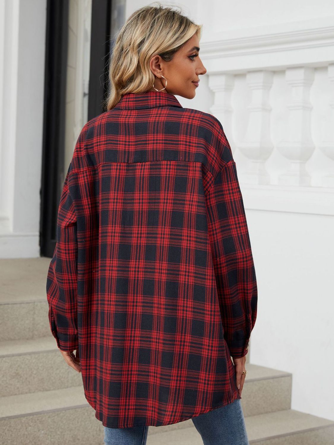 Plaid Long Sleeve Collared Shirt with Pockets - 100% Rayon