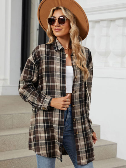 Plaid Long Sleeve Collared Shirt with Pockets - 100% Rayon