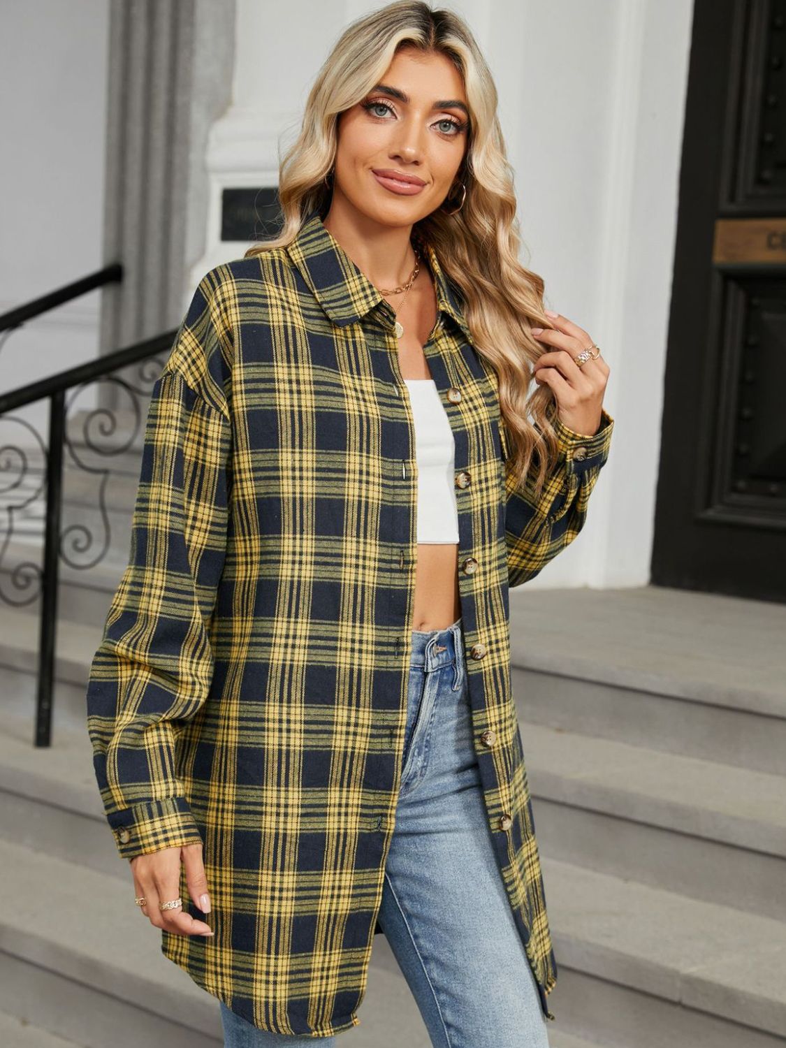 Plaid Long Sleeve Collared Shirt with Pockets - 100% Rayon