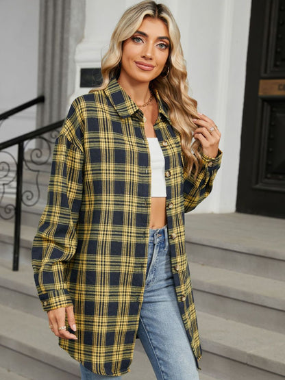 Plaid Long Sleeve Collared Shirt with Pockets - 100% Rayon