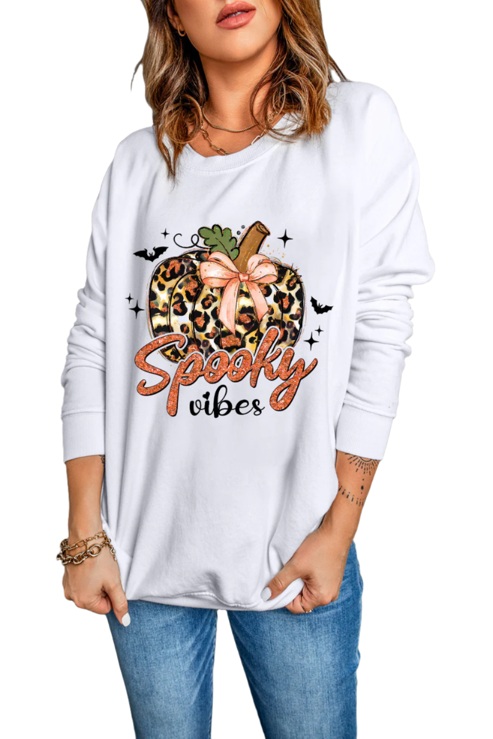 Graphic Round Neck Long Sleeve Sweatshirt with Wide Ribbed Cuffs