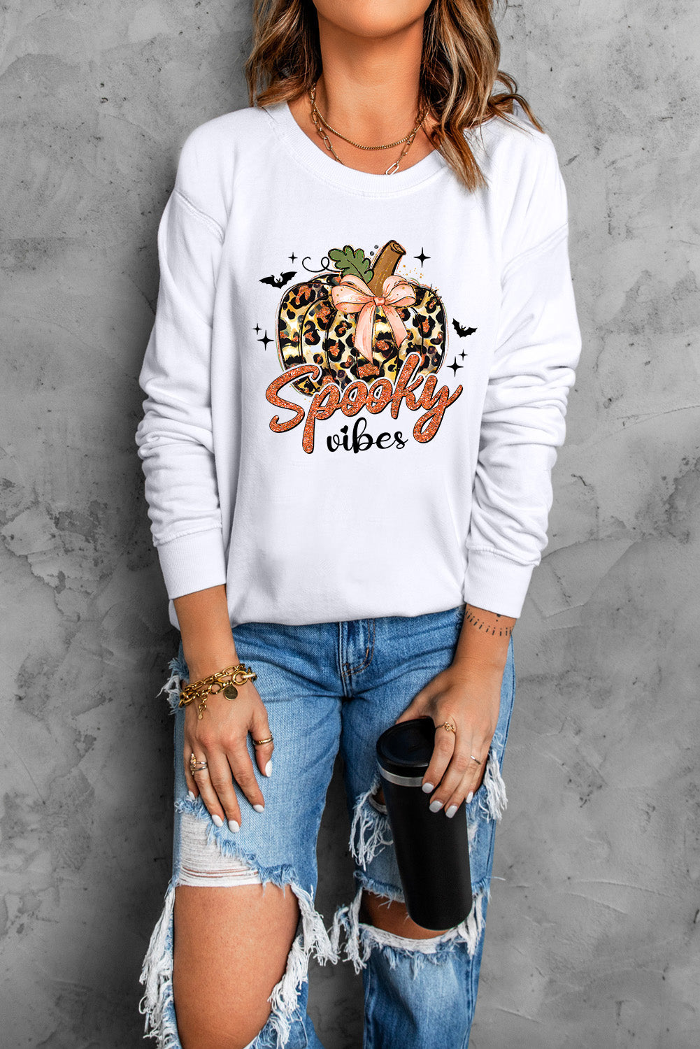 Graphic Round Neck Long Sleeve Sweatshirt with Wide Ribbed Cuffs