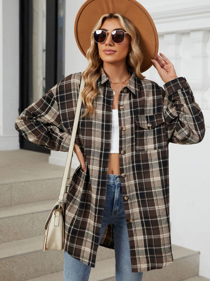 Plaid Long Sleeve Collared Shirt with Pockets - 100% Rayon