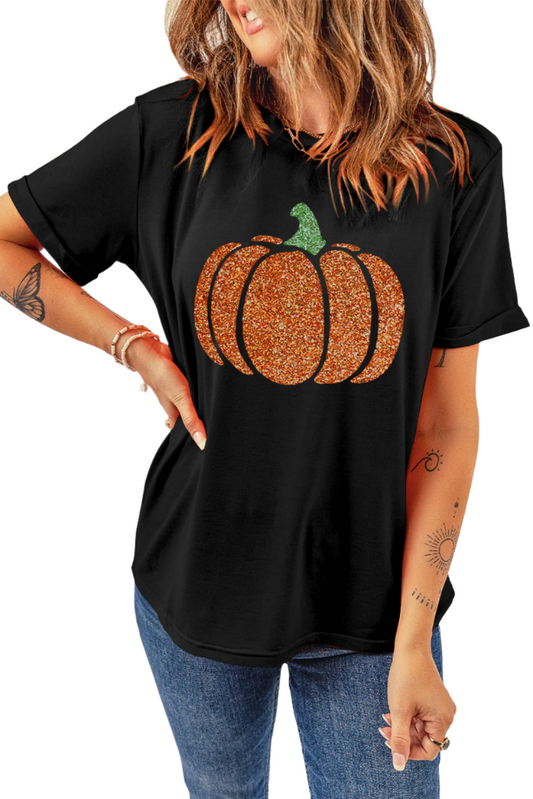 Pumpkin Print Short Sleeve T-Shirt with Stretchy Fabric