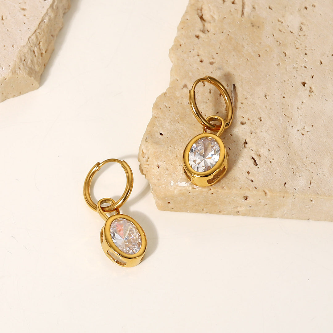 18K Gold Oval Zircon Dazzle Earrings - Versatile Design