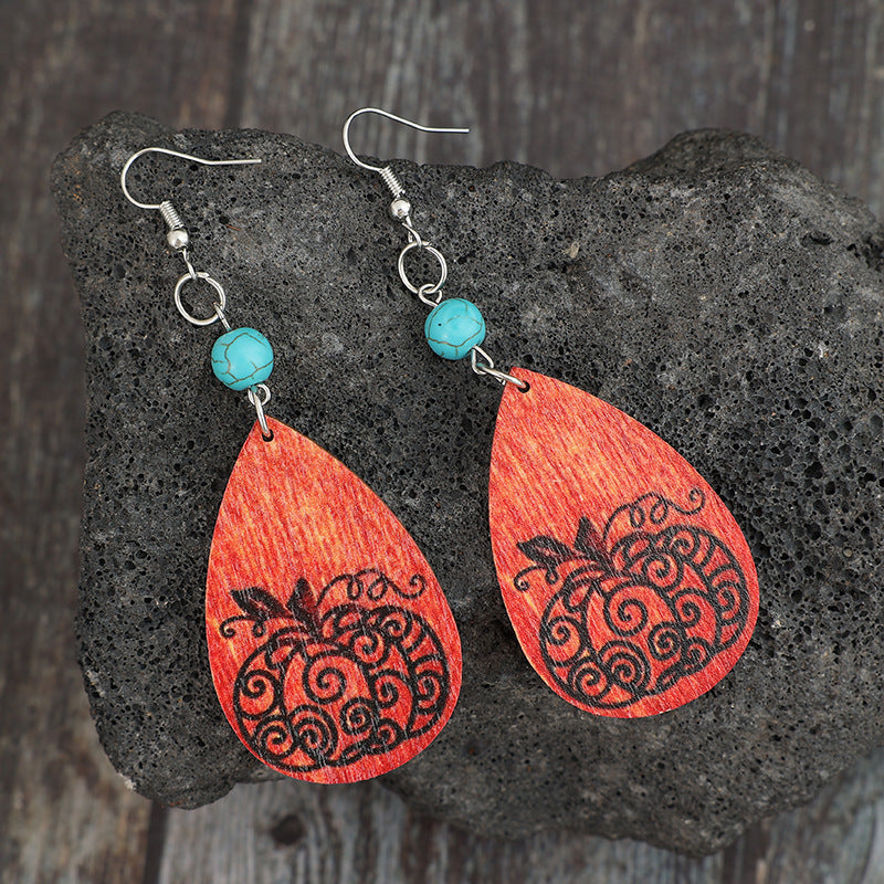 Turquoise Wooden Teardrop Earrings Set: 3.3" Length, Alloy & Wood, Imported