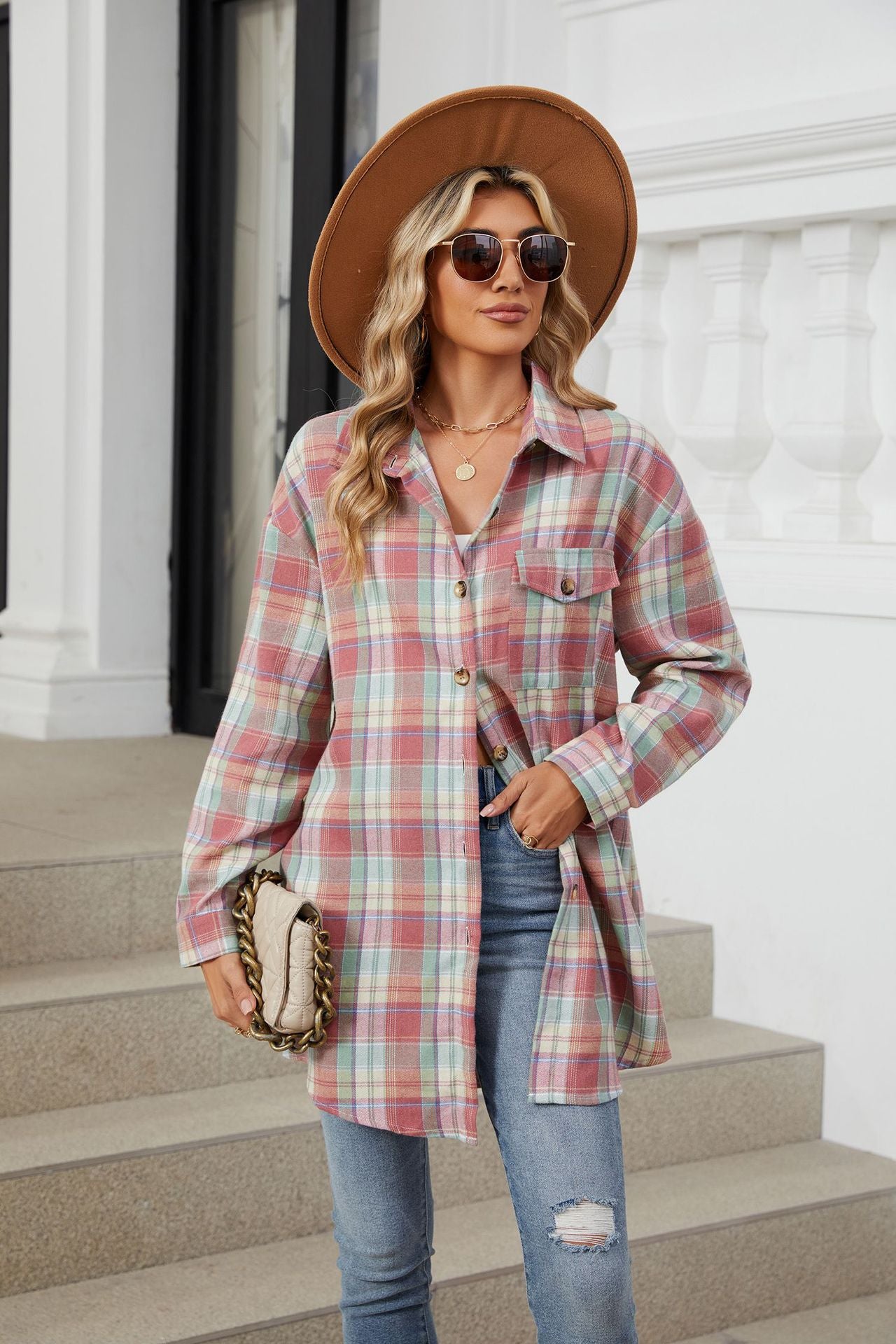 Plaid Long Sleeve Collared Shirt with Pockets - 100% Rayon