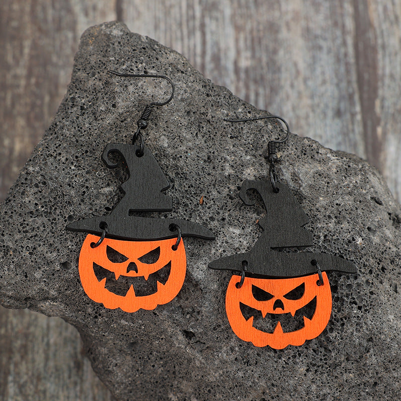 Wooden Pumpkin Shape Earrings - Lightweight 2.8" Dangle Earrings