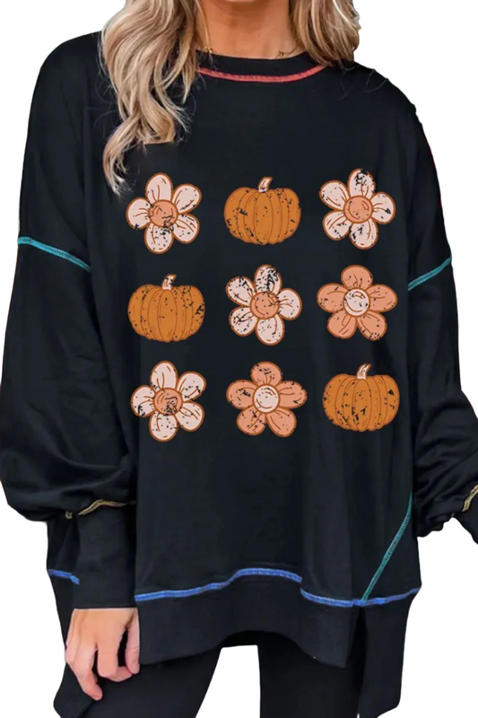 Pumpkin & Flowers Print Long Sleeve Sweatshirt - Cozy Fall Graphic Pullover