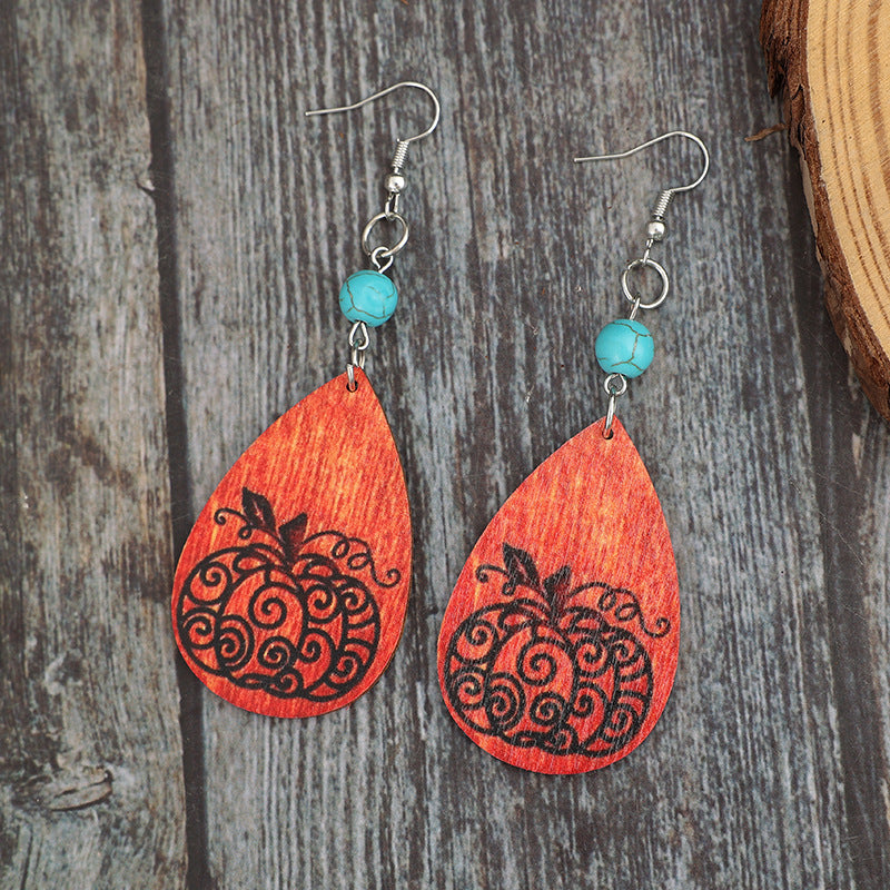 Turquoise Wooden Teardrop Earrings Set: 3.3" Length, Alloy & Wood, Imported