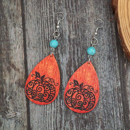 Turquoise Wooden Teardrop Earrings Set: 3.3" Length, Alloy & Wood, Imported