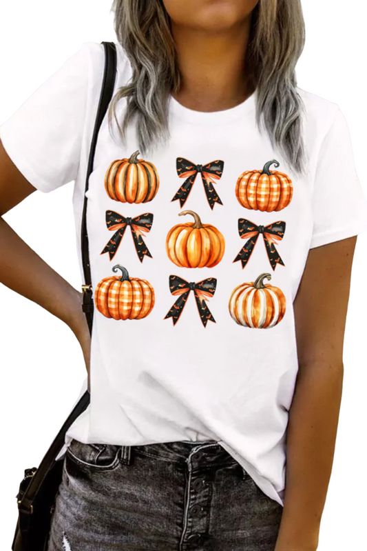 Pumpkin Print Round Neck Short Sleeve T-Shirt with Stretchy Fabric