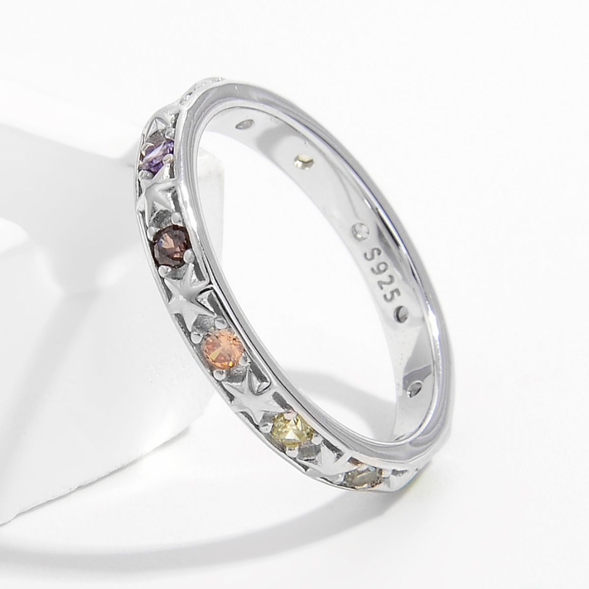 925 Sterling Silver Zircon Ring with Platinum-Plated Finish - Elegant Inlaid Design