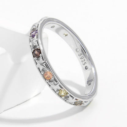 925 Sterling Silver Zircon Ring with Platinum-Plated Finish - Elegant Inlaid Design