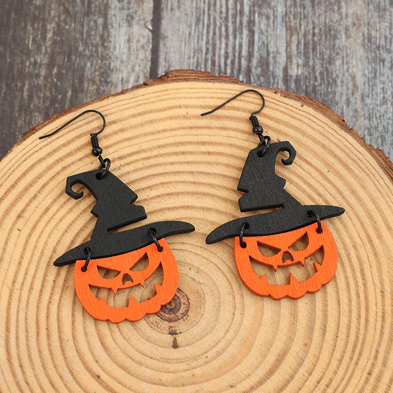 Wooden Pumpkin Shape Earrings - Lightweight 2.8" Dangle Earrings