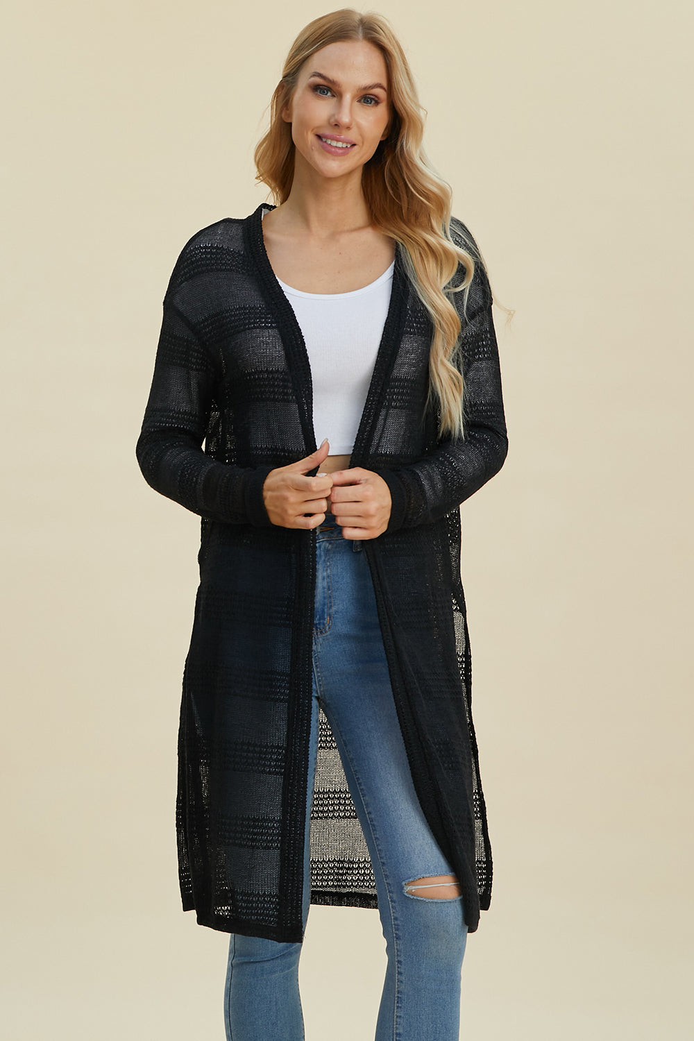 Double Take Open Front Longline Cardigan with Full Size Fit