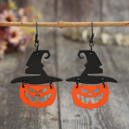 Wooden Pumpkin Shape Earrings - Lightweight 2.8" Dangle Earrings