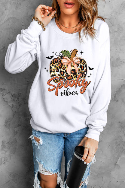 Graphic Round Neck Long Sleeve Sweatshirt with Wide Ribbed Cuffs