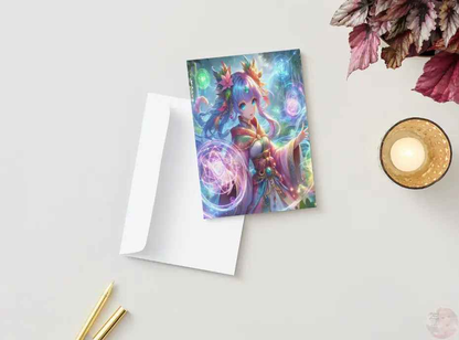Magical Anime Birthday Card - Spellbound Sorceress Design - Enchanted Blue Celebration Card