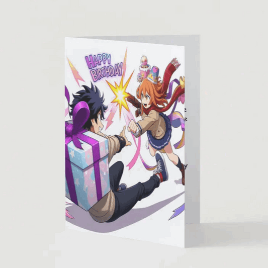 Anime characters dueling over the best birthday surprises on a Greeting Card for someone's birthday