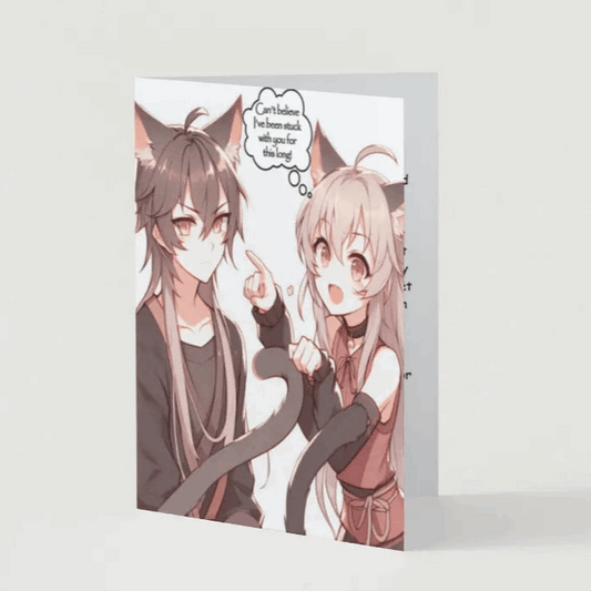 Illustration of an anime-style couple with cat ears, playfully swatting at each other's tails while exchanging mischievous and affectionate glances.