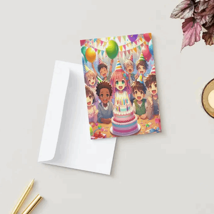 Anime Birthday Card- Green w/cake and party hats Goddess Kiss Boutique