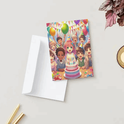Anime Birthday Card- Green w/cake and party hats Goddess Kiss Boutique