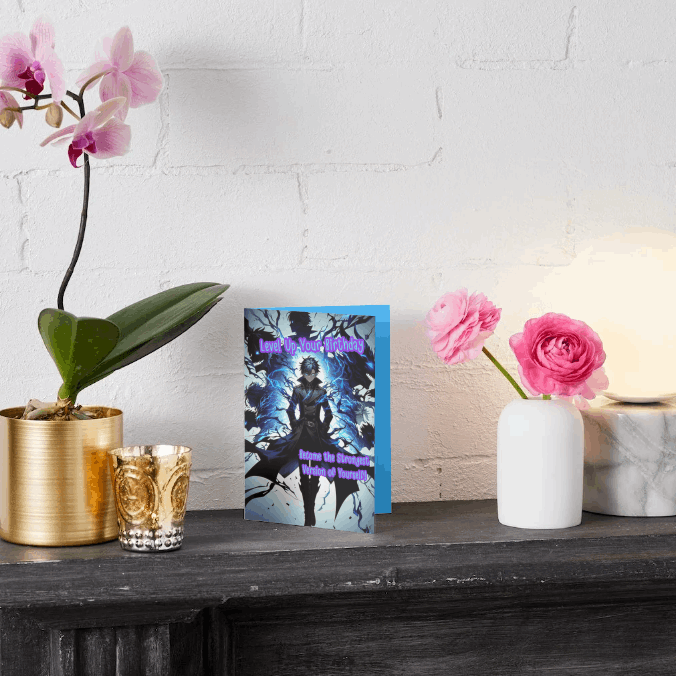 A dynamic anime birthday card featuring bold typography, glowing accents, and an empowering message. The front encourages a birthday-level-up, while the inside delivers a heartfelt wish for unstoppable growth and strength.