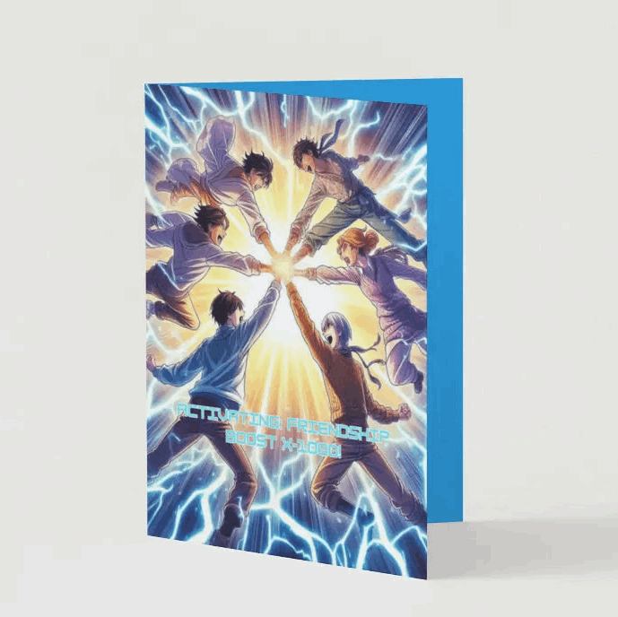 Anime Friendship Greeting Card featuring two characters in a glowing power-up moment, holding hands as energy waves surge around them. Front text reads: 'Activating: Friendship Boost X-1000!' Inside message celebrates humor, loyalty, and adventure in friendship.