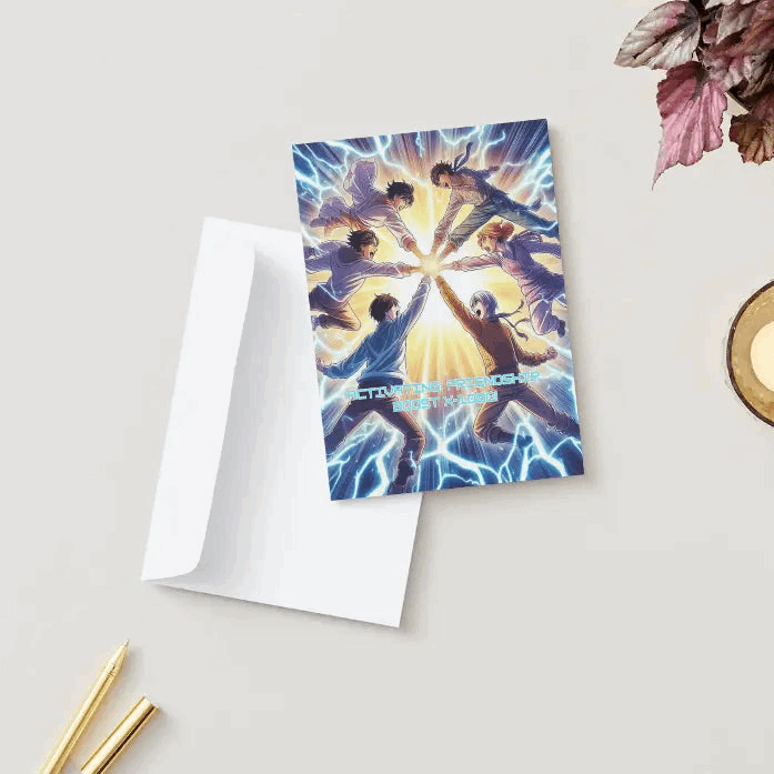 Anime Friendship Greeting Card featuring two characters in a glowing power-up moment, holding hands as energy waves surge around them. Front text reads: 'Activating: Friendship Boost X-1000!' Inside message celebrates humor, loyalty, and adventure in friendship.