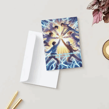 Anime Friendship Greeting Card featuring two characters in a glowing power-up moment, holding hands as energy waves surge around them. Front text reads: 'Activating: Friendship Boost X-1000!' Inside message celebrates humor, loyalty, and adventure in friendship.