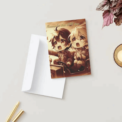 An anime-inspired friendship card featuring nostalgic humor. The text reminisces about shared memories and jokes about turning them into an anime flashback or binge-watching their lives together. A sepia-toned illustration shows two friends excitedly watching TV. The card is displayed on a white surface with a gold pen, pencil, and purple-leafed plant nearby.
